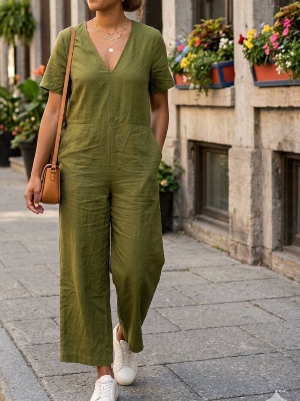 Banana Republic Woman's Wide-Leg V-Neck Green Jumpsuit Size M Linen Blend